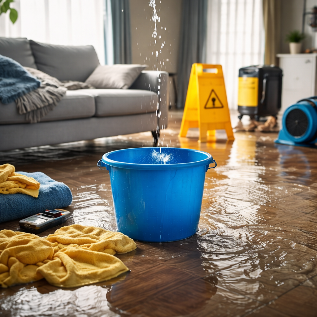 Water damage cleanup equipment and standing water inside Charlotte NC home