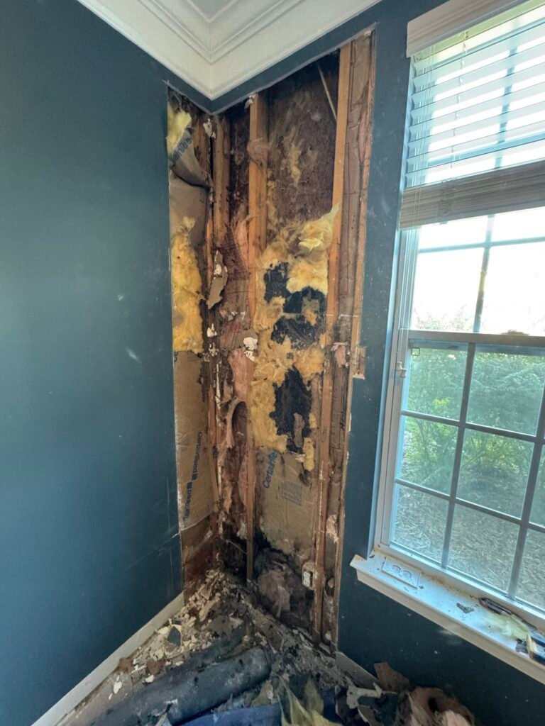 Hidden water damage detected behind drywall using moisture meter during home inspection