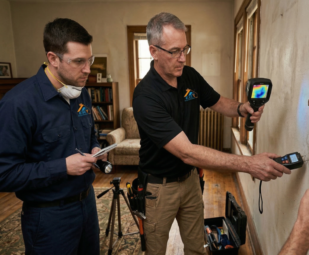 Technicians using thermal imaging camera and moisture meter to detect hidden water damage in wall