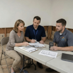 Three people discussing water damage insurance