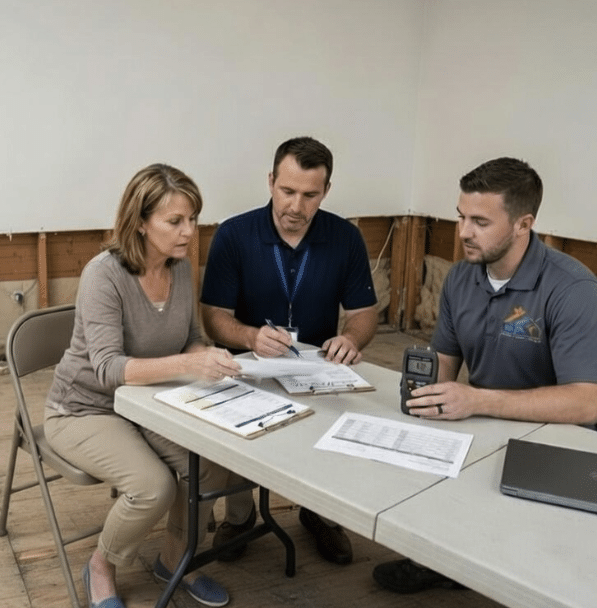 Homeowner reviewing water damage insurance estimate with adjuster and restoration contractor in a partially flooded home in Charlotte NC