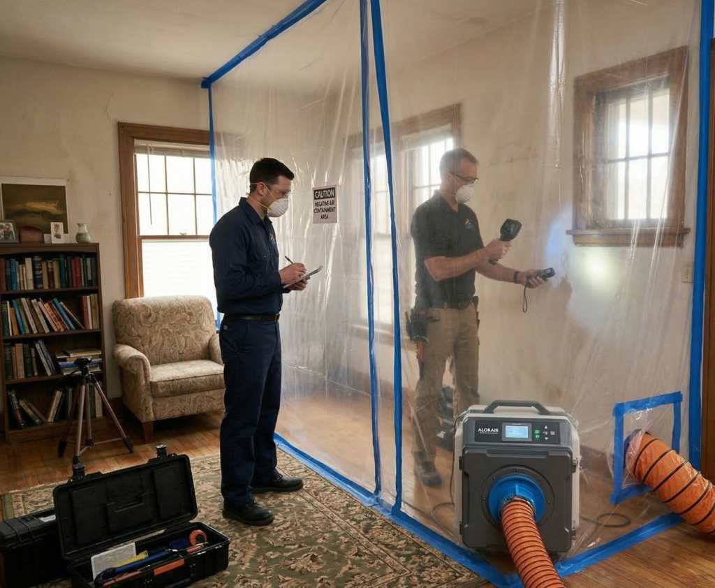 Technicians setting up plastic containment and negative air machine for mold remediation