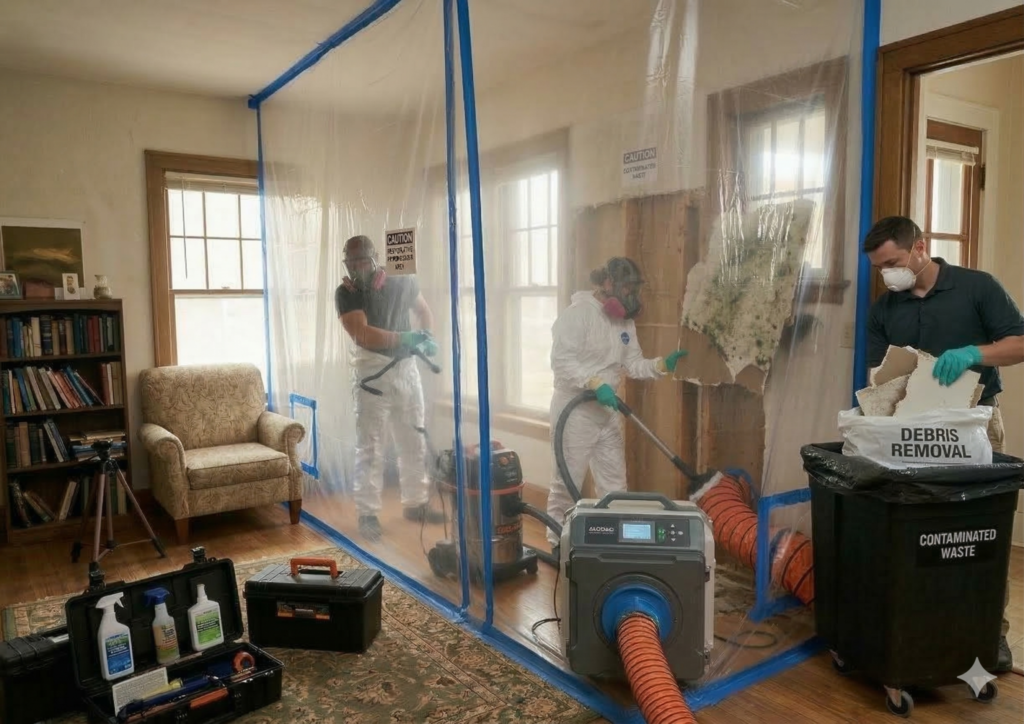 Restoration crew removing mold-damaged materials inside containment area