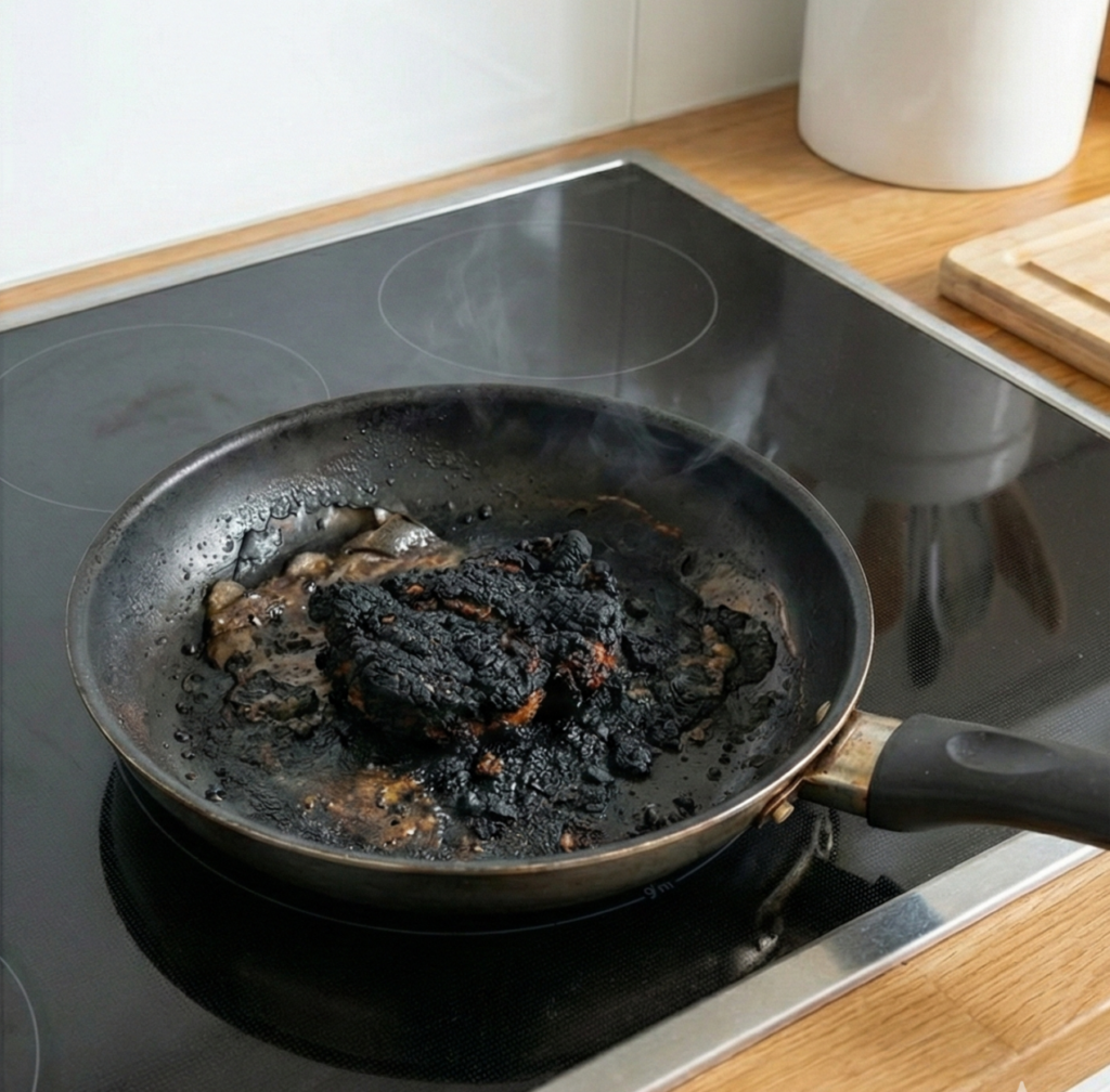 Burnt food in a pan causing strong smoke odor in a residential kitchen