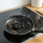 Burnt food in frying pan.