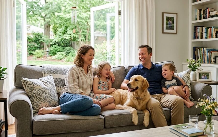Family relaxing in a clean home after professional odor removal and air purification service