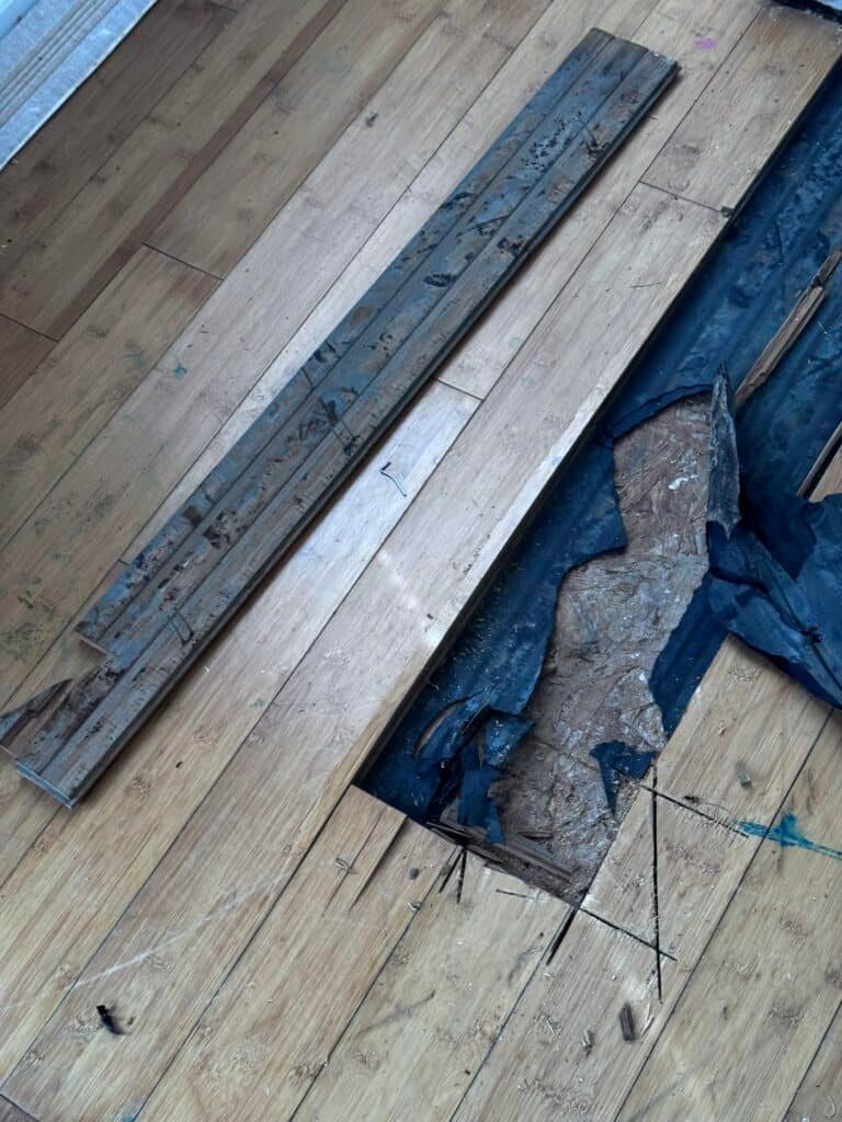 Water damaged hardwood flooring removed showing wet subfloor and moisture barrier failure in a Charlotte NC home