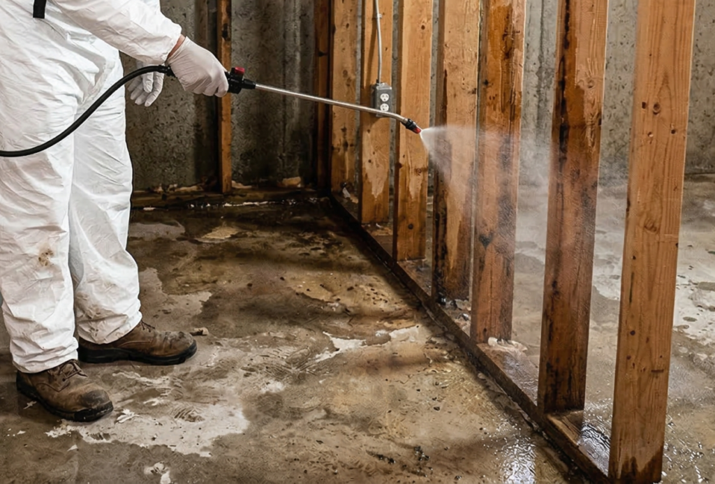 Technician disinfecting structural framing after sewage backup during professional sewage cleanup in Charlotte NC