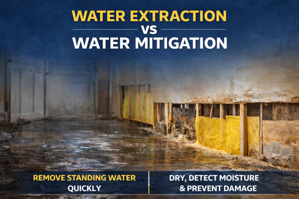 Water extraction vs water mitigation showing flooded interior with exposed walls, highlighting removal of standing water and drying to prevent mold and structural damage in Charlotte NC