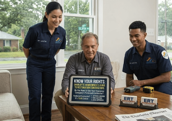 Three people discussing home restoration rights.